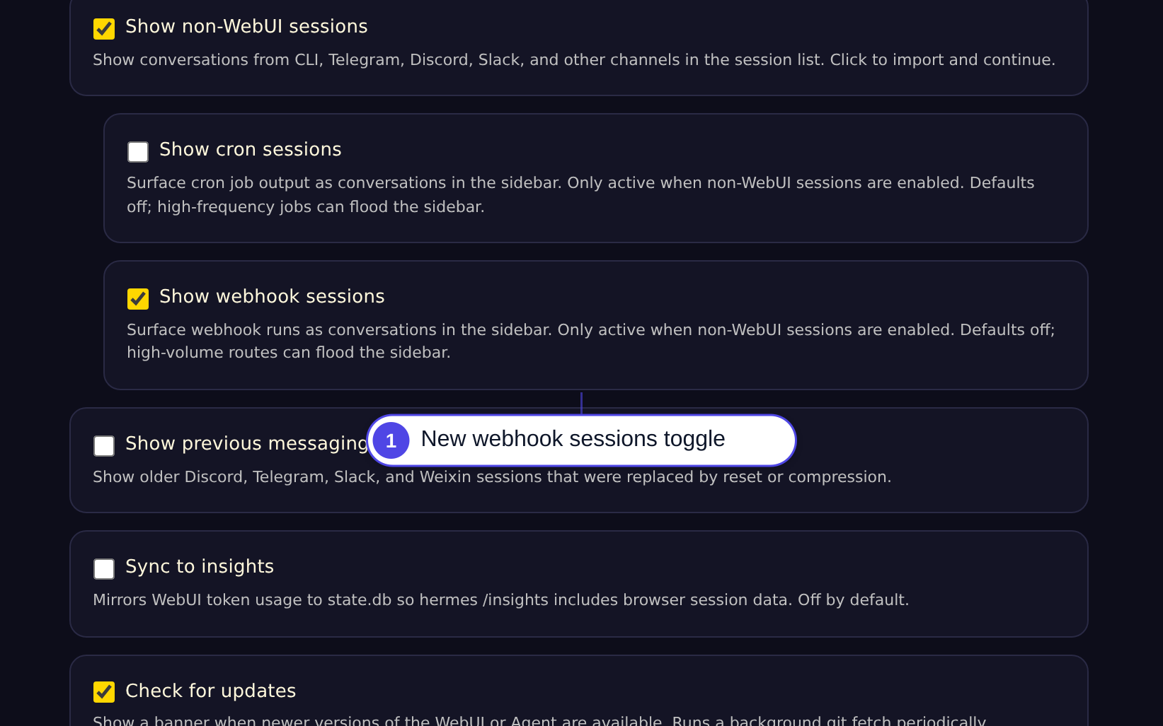 Toggle 'Show webhook sessions' setting
