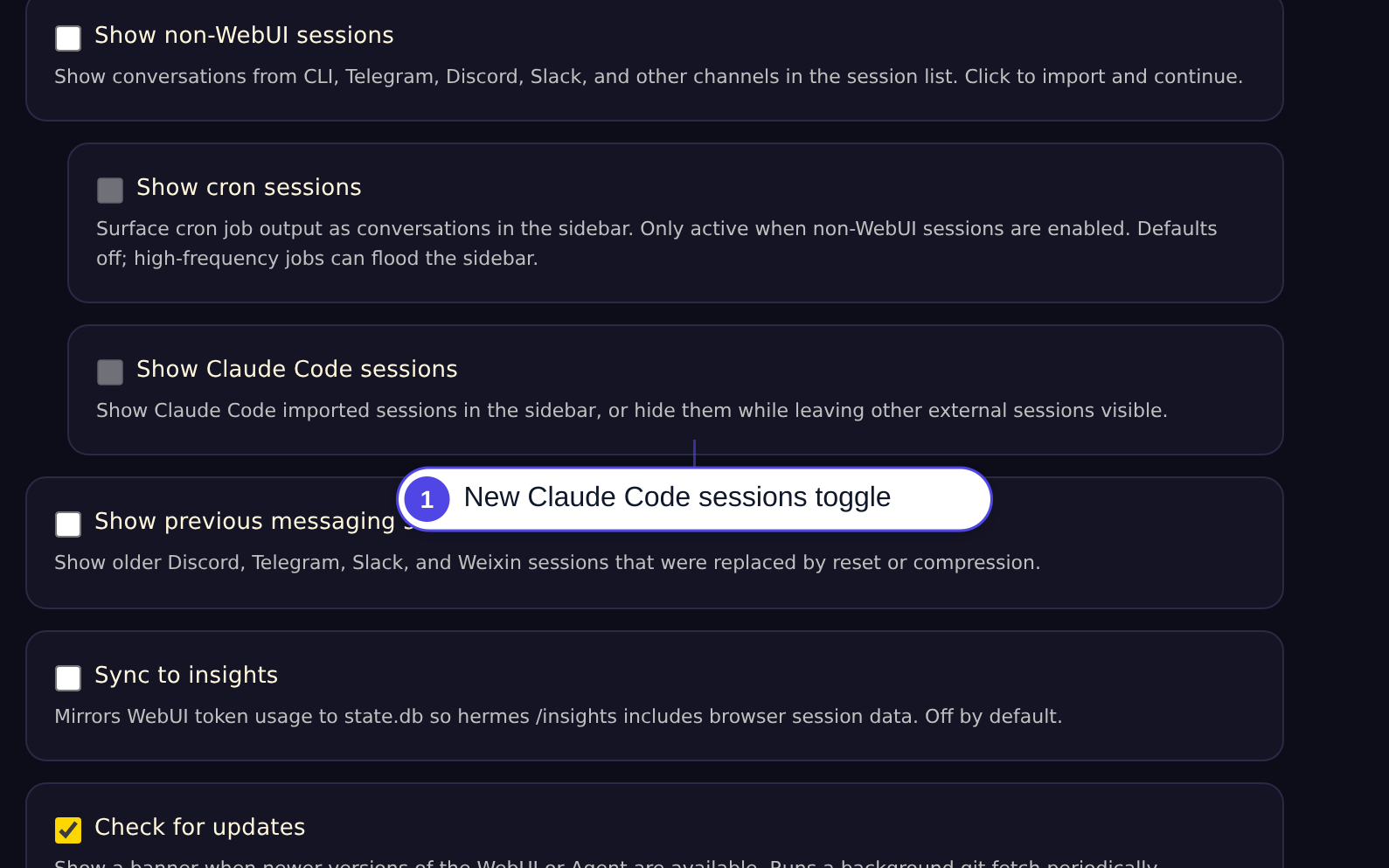 Toggle Claude Code session visibility